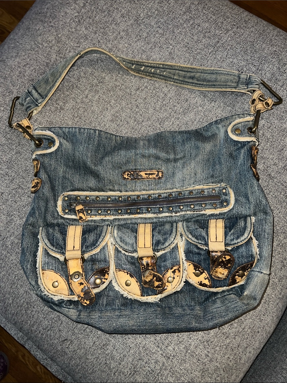 Vintage Marc Ecko Red Denim Shoulder Bag with Tan Accent Detailing Y2K